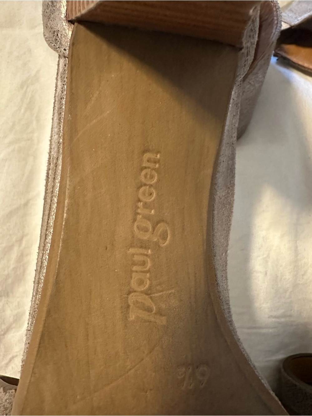 Paul Green Coco Smoke Metallic Leather Taupe Ankle-Strap Sandal Wooden Heel Sz 8 - Picture 6 of 10